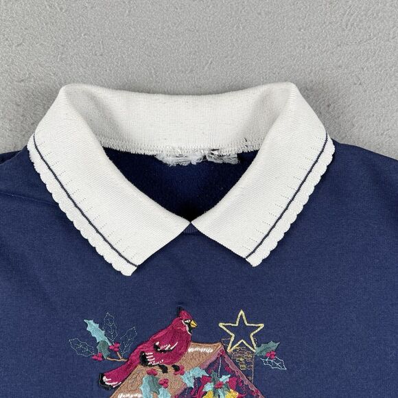 Vintage Grandma Sweater Womens Large Blue Cardinal Bird House Embroidered Collar - Picture 3 of 16